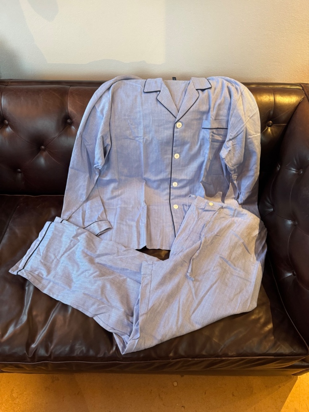 PUCCIO NWOT Men's Cotton Piped Button Up Set in Navy Herringbone Size XXL